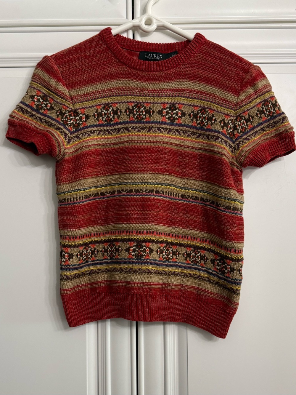 Lauren Ralph Lauren Geo Striped Red Gold Short-Sleeve Sweater Cotton Linen Blend